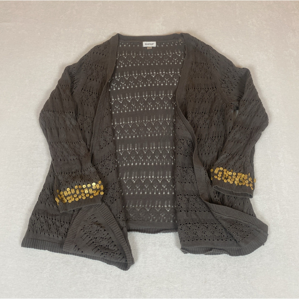 Avenue Open Pointelle Knit Cardigan Gold Sequin Sleeve Plus Size 18 Lagenlook